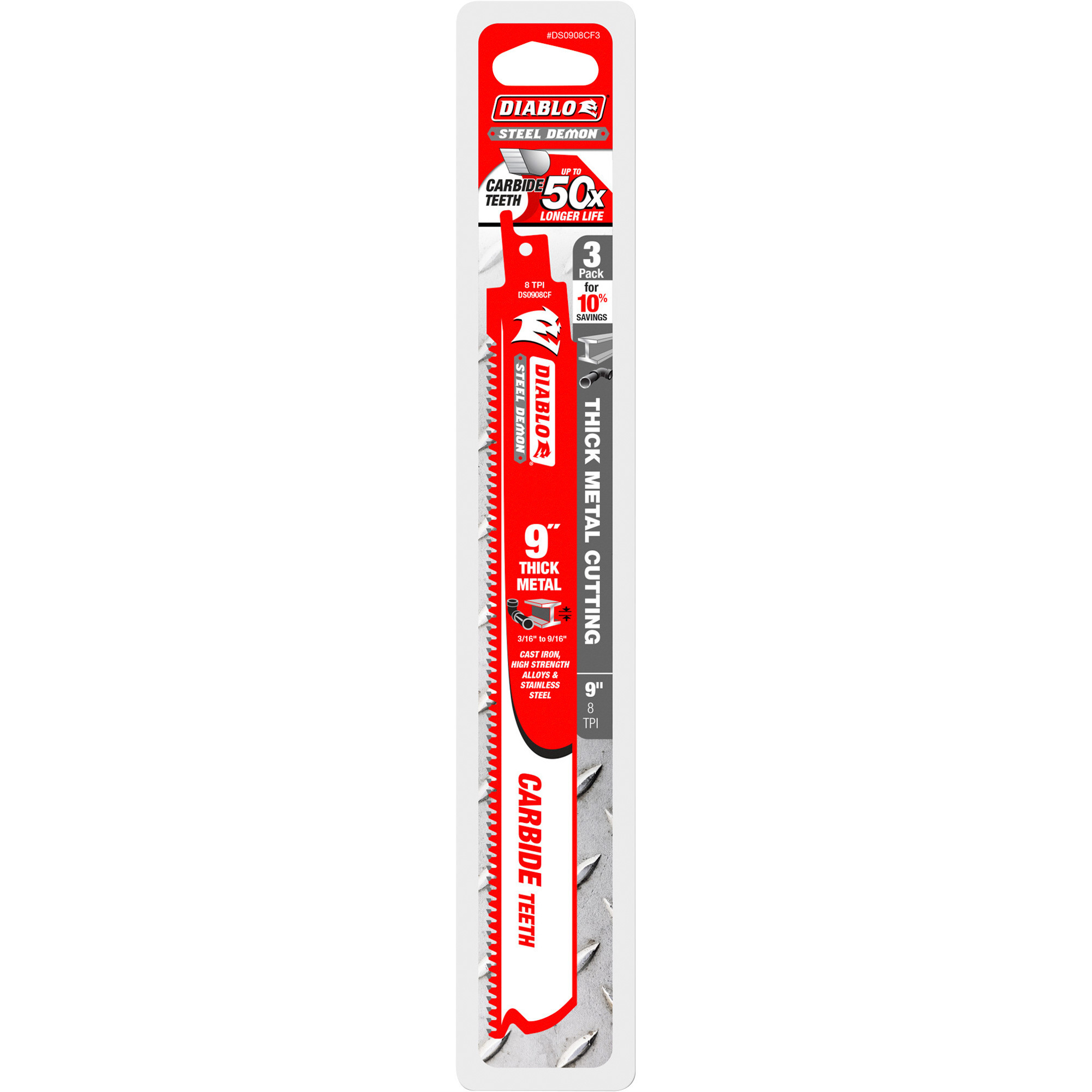Diablo Steel Demon Carbide-Tipped Metal Cutting Reciprocating Saw Blade, 3-Pk., 9in.L, 8 TPI, Model# DS0908CF3